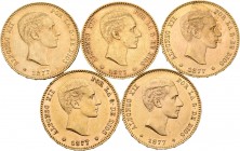 Lote de 5 monedas de Alfonso XII,  25 pesetas de 1877 Madrid. Todas las estrellas visibles. A EXAMINAR. MBC+/EBC+. Est...1200,00.