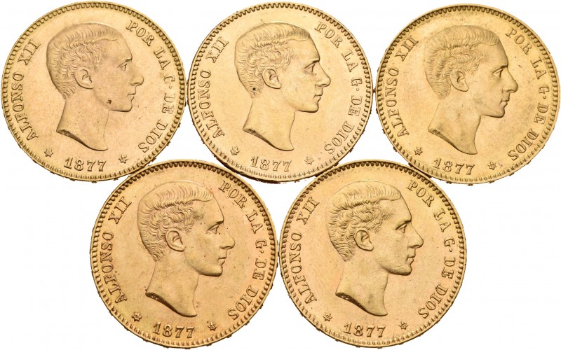 Lote de 5 monedas de Alfonso XII, 25 pesetas de 1877. Todas las estrellas visibl...