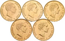 Lote de 5 monedas de Alfonso XII, 25 pesetas de 1877. Todas las estrellas visibles. A EXAMINAR. MBC+/EBC+. Est...1200,00.