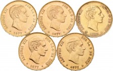 Lote de 5 monedas de Alfonso XII, 25 pesetas de 1877. Todas las estrellas visibles. A EXAMINAR. MBC+/EBC+. Est...1200,00.