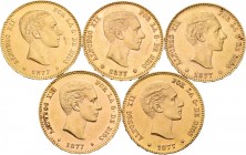 Lote de 5 monedas de Alfonso XII, 25 pesetas de 1877. En su gran mayoría estrellas visibles. A EXAMINAR. MBC+/EBC+. Est...1200,00.
