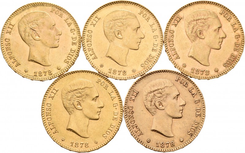Lote de 5 monedas de Alfonso XII, 25 pesetas de 1878. En su gran mayoría estrell...