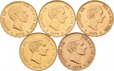 Lote de 5 monedas de Alfonso XII, 25 pesetas de 1878. En su gran mayoría estrellas visibles. A EXAMINAR. EBC-/EBC+. Est...1200,00.