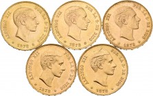 Lote de 5 monedas de Alfonso XII,  25 pesetas de 1878.Todas las estrellas visibles. A EXAMINAR. EBC/EBC+. Est...1200,00.