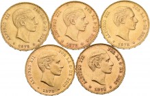 Lote de 5 monedas de Alfonso XII, 25 pesetas de 1878. Todas las estrellas visibles. A EXAMINAR. EBC-/EBC+. Est...1200,00.