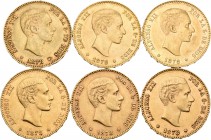 Lote de 6 monedas de Alfonso XII, 25 pesetas de 1878. Todas las estrellas visibles. Una de ellas sirvió como joya. A EXAMINAR. MBC+/EBC. Est...1300,00...