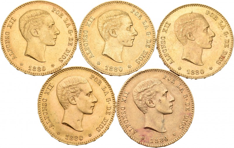Lote de 5 monedas de Alfonso XII, 25 pesetas de 1880.Todas las estrellas visible...