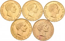 Lote de 5 monedas de Alfonso XII, 25 pesetas de 1880.Todas las estrellas visibles. A EXAMINAR. MBC+/EBC. Est...1200,00.