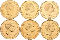 Lote de 6 monedas de Alfonso XII, 25 pesetas de 1880.Todas las estrellas visibles. A EXAMINAR. EBC/EBC+. Est...1400,00.