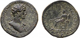 Roman - Hadrian (117-138)
Dupondius, PONT MAX TR POT COS DES II SC, FORT RED (exergue), RIC 545 (Rome, 117), 12.33g, Almost Very Fine