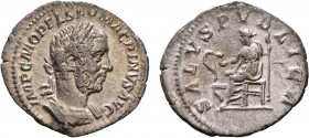 Roman - Macrinus (217-218)
Denarius, SALVS PVBLICA, Rare, RCV 7362, RIC 86, RSC 116a (Rome, 217), 2.69g, Almost Extremely Fine