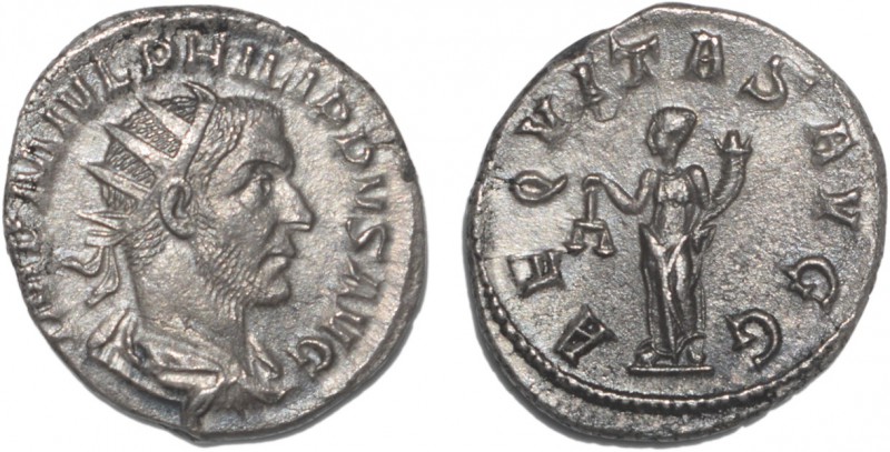 Roman - Philip I (244-249)
Antoninianus, Silver, AEQVITAS AVGG, RCV 8918, RIC 2...