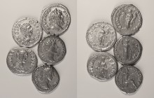 Roman - Empire - Lot (5 Coins)
Lot (5 Coins) - Denarii - Marcus Aurelius: TR POT III COS II, RIC 444, RSC 618 (Rome, 148-149), 3.69g; Commodus: TR P ...