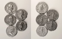 Roman - Empire - Lot (5 Coins)
Lot (5 Coins) - Denarii - Antoninus Pius: COS IIII, RIC 175, RSC 284 (Rome, 148-149), 2.92g; Septimius Severus: P M TR...