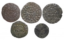 Portugal - D. João I (1385-1433)
Lot (5 coins) - Real de 10 Soldos, L/LB, G.45.02, 1.49g, Good; Real de Três e Meia Libras, P, without mon. Symb., G....