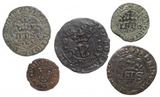 Portugal - D. João I (1385-1433)
Lot (5 coins) - Real de Três e Meia Libras, L, G.54.05, 2.33g, Good; Real Branco, P, G.53.04, 2.78g, Good/Almost Goo...