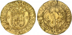 Portugal - D. João II (1481-1495)
Gold - Espadim or Meio Justo, +IHNS:I.I.R.P.ET.ALG DN(..)GVINEE/IOHANES:I.I.R.P.ET.ALG:DNS:GVINEE, traces of mounti...