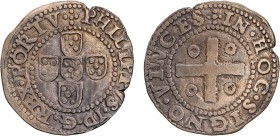 Portugal - D. Filipe I (1580-1598)
Silver - Meio Tostão, Lisbon, +PHILIPPVS.I.D.G.REX.PORTV/+IN.HOC.SIGNO.VINCES, obverse with arc of circle, Rare, G...