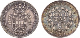Angola - D. Maria I and D. Pedro III (1777-1786)
Silver - 6 Macutas 1784, G.06.01, 8.71g, Very Good