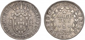 Angola - D. Maria I (1786-1799)
Silver - 8 Macutas 1789, G.07.01, 11.53g, Almost Very Fine