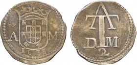 India - D. Filipe III (1621-1640)
Silver - 2 Tangas 1633, A-M/D-M, Goa to Malacca, date on obverse, Very Rare, G.18.01, FV F3.23, KM.missing, 5.90g, ...