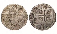 India - D. Pedro, Prince Regent (1667-1683)
Silver - Xerafim 1682, G-A, Goa, with several countermarks, G.07.09, FV PR.09, KM.73, 10.59g, Very Good