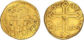 India - D. João V (1706-1750)
Gold - S. Tomé de 10 Xerafins 1732, Goa, .C.R. .SD. .ST .M., Rare, G.98.03, FV J5.20, KM.114, 4.14g, Almost Extremely F...