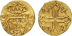 India - D. José I (1750-1777)
Gold - 12 Xerafins 1781, Goa, G.68.12, FV M1.01 (reverse shield D. José I), KM.150, 4,89g, Choice Very Fine