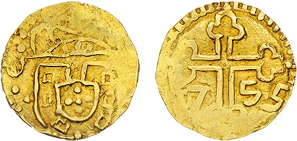 India - D. José I (1750-1777)
Gold - S. Tomé de 5 Xerafins 1755, Daman, Very Ra...