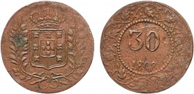 India - D. Luís I (1861-1889)
Copper Trial 30 Réis 1868, Goa, Extremely Rare, G.E4.01, FV Lu.09, KM.Pn25, 14.76g, Very Fine