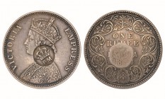 Mozambique - D. Luís I (1861-1889)
Silver - Countermark "PM Coroado" on Rupia 1884, Victoria (British India) (KM.492), G.09.-, 11.64g, Very Fine