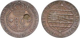 S. Tomé and Príncipe - D. Pedro V (1853-1861)
Countermark "Coroa Pequena" on 80 Réis 1813 R, D. João Prince Regent, G.14.01, 13.88g, Very Fine