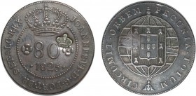 S. Tomé and Príncipe - D. Pedro V (1853-1861)
Countermark "Coroa Pequena" on 80 Réis 1825, to S. Tomé and Príncipe, G.14.04, 15.12g, Very Fine