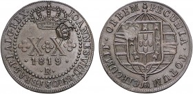 S. Tomé and Príncipe - D. Pedro V (1853-1861)
Countermark "Coroa Pequena" on XX Réis 1819 (Brazil), D. João VI, G.06.21, 5.56g, Choice Very Fine