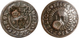 S. Tomé and Príncipe - D. Pedro V (1853-1861)
Countermarks "M" and "Coroa Pequena" on III Réis 1714, Ex-Col. Barbas, G.02.-, 3.28g, Almost Extremely ...
