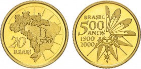 Brazil - Republic
Gold - 20 Reais 2000, PROOF, 500 years 1500-2000, AI.O741, KM.655, Mint State
