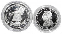 France/Medals - Brazil
Lot (2 exemplars) - France: 100 Francs 1987, PROOF, Silver, General La Fayette, KM.962a, Mint State; Medal, Brazil: Comemmorat...