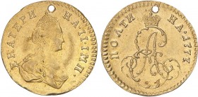 Russia - Catherine II (1762-1796)
Gold - Half Rouble (Poltina) 1777, with hole, C.75, Fr.119, 0.64g, Very Fine