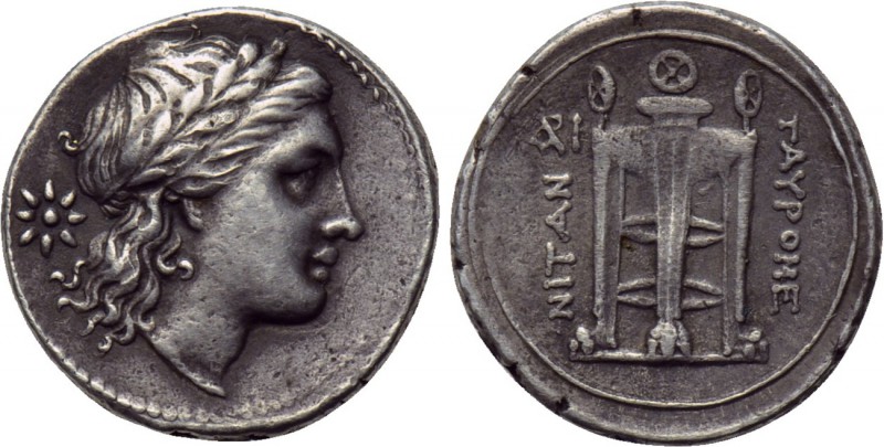 SICILY. Tauromenion. Drachm (Circa 305-295 BC). 

Obv: Laureate head of Apollo...