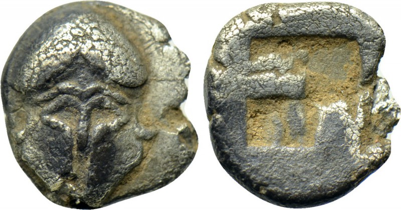THRACE. Mesambria. Obol (5th century BC). 

Obv: Facing Corinthian helmet.
Re...