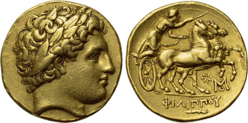 KINGS OF MACEDON. Philip II (359-336 BC). GOLD Stater. Abydos.

Obv: Laureate ...