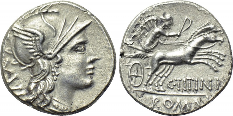 C. TITINIUS. Denarius (141 BC). Rome. 

Obv: Helmeted head of Roma right, XVI ...