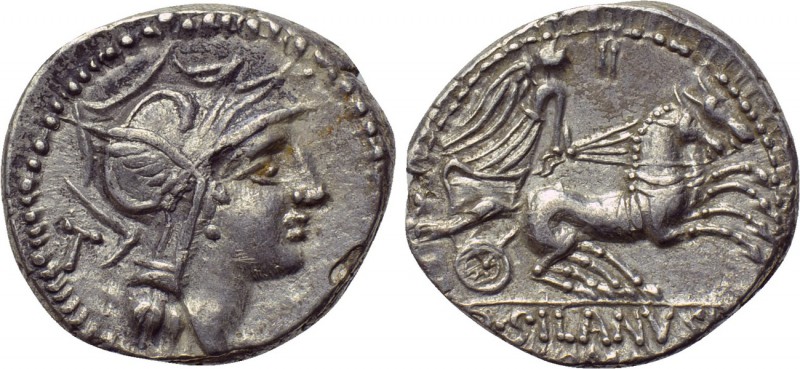 D. SILANUS L. F. Denarius (91 BC). Rome. 

Obv: Helmeted head of Roma right; T...