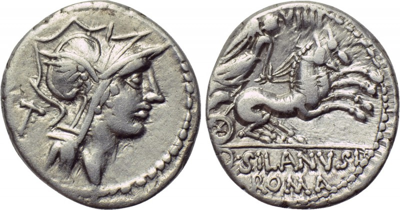 D. SILANUS L. F. Denarius (91 BC). Rome. 

Obv: Helmeted head of Roma right; T...