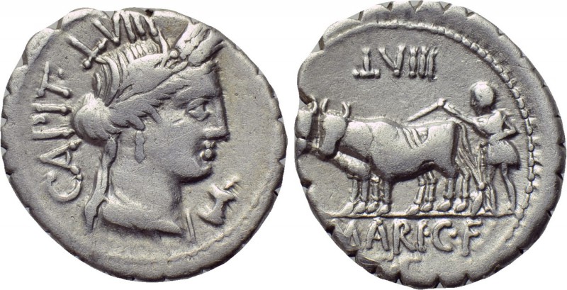 C. MARIUS C. F. CAPITO. Serrate Denarius (81 BC). Rome. 

Obv: CAPIT LVIII. 
...