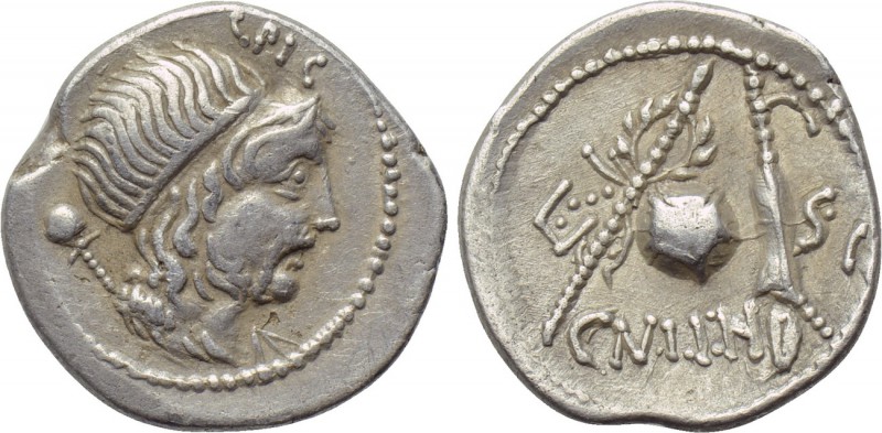 CN. LENTULUS. Denarius (76-75 BC). Imitating uncertain mint in Spain. 

Obv: C...