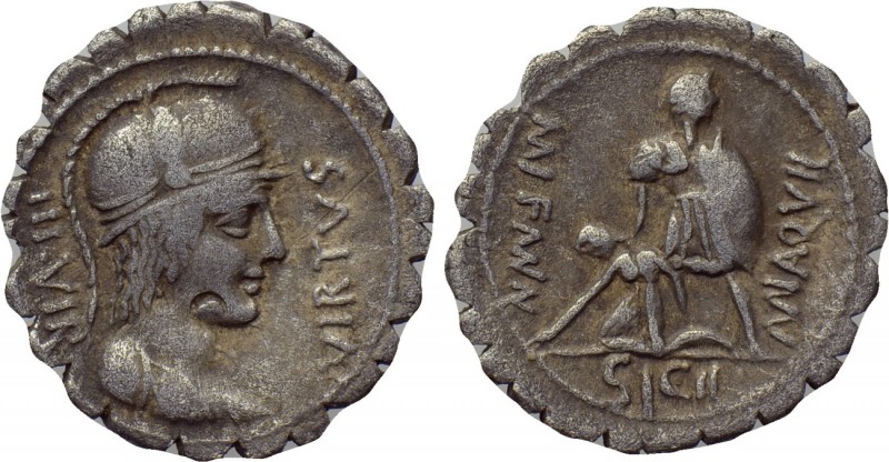 MN. AQUILIUS MN. F. MN. N. Serrate Denarius (65 BC). Rome. 

Obv: VIRTVS / III...