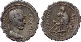 MN. AQUILIUS MN. F. MN. N. Serrate Denarius (65 BC). Rome.