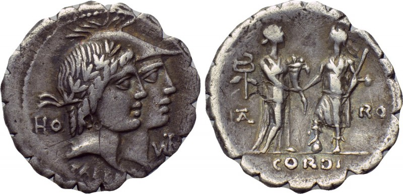 Q. FUFIUS CALENUS and MUCIUS CORDUS. Serrate Denarius (68 BC). Rome. 

Obv: HO...