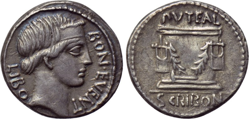 L. SCRIBONIUS LIBO. Denarius (62 BC). Rome. 

Obv: BON EVENT / LIBO. 
Head of...